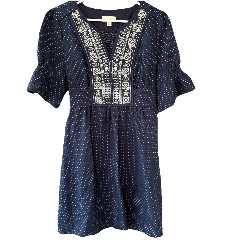 The Korner Blue Polka Dot Dress Women's L‎ Embroidered Peasant Milkmaid Corset